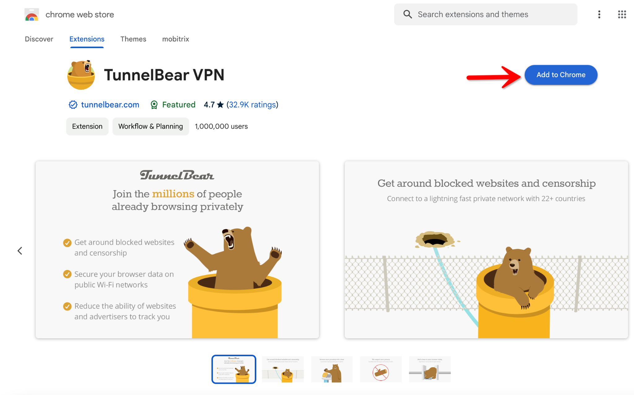 Google Chrome Web Store Tunnelbear VPN Add to Chrome