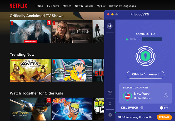 Netflix Streaming Platform with PrivadoVPN Connected
