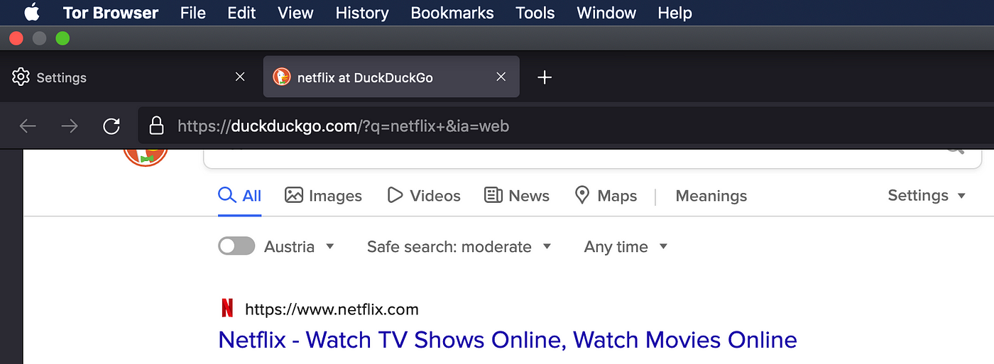 TOR Browser Netflix at Duckduckgo