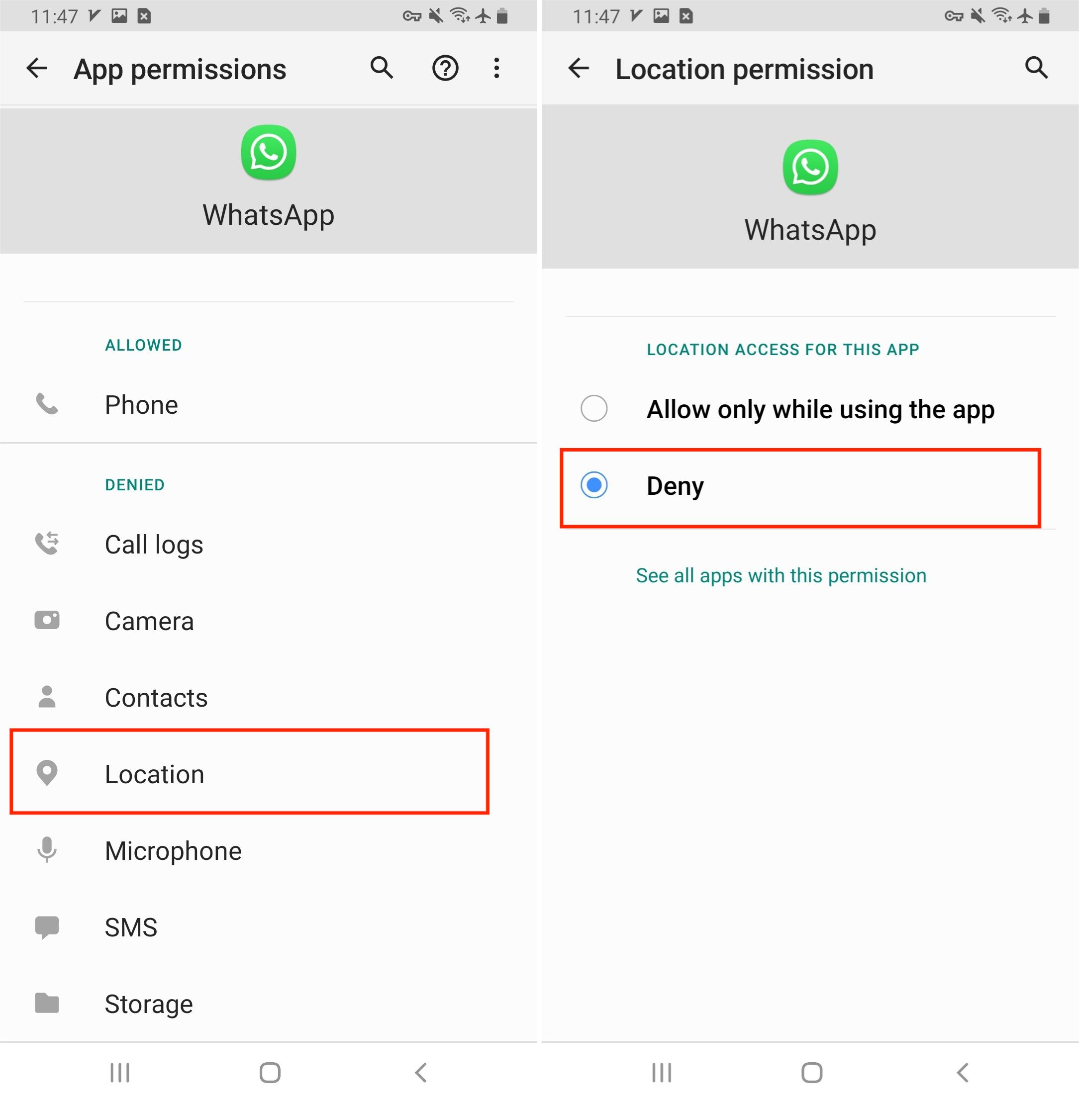 Android Settings Whatsapp App Info Permissions Deny Location