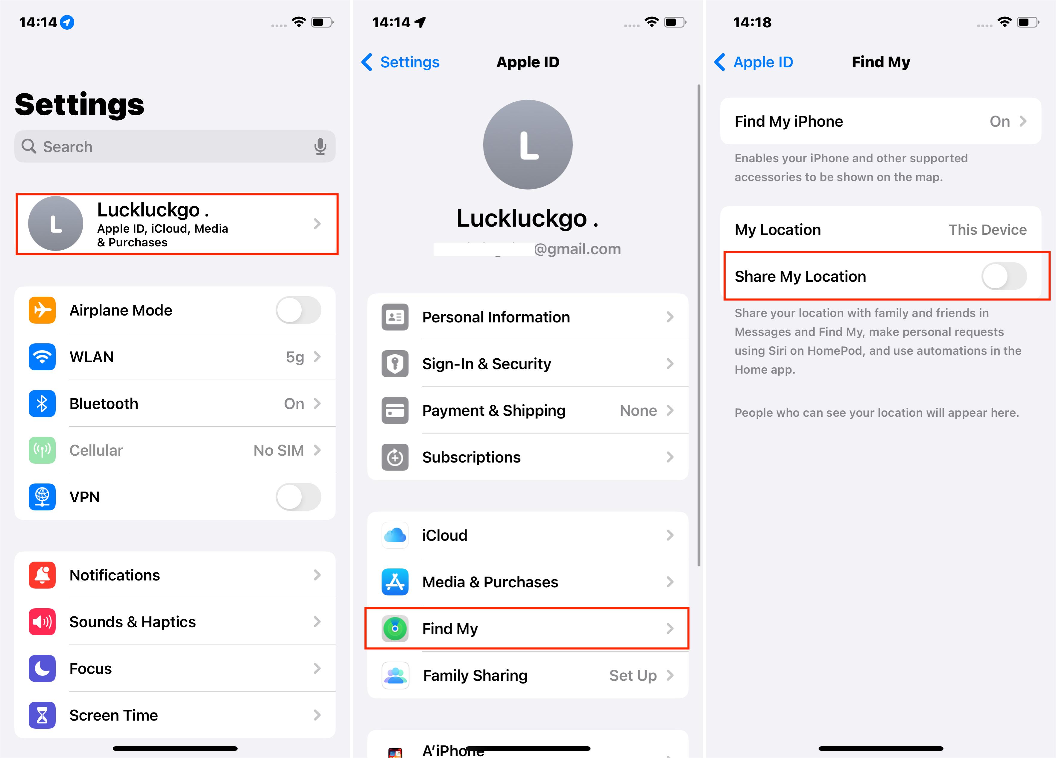 Steps to Turn off Share My Location for Find My via iPhone Settings