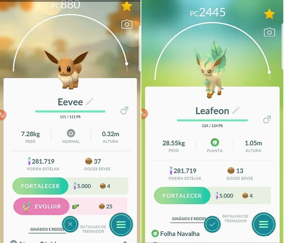 Pokemon Go Eevee Evolucionar Botón Leafeon