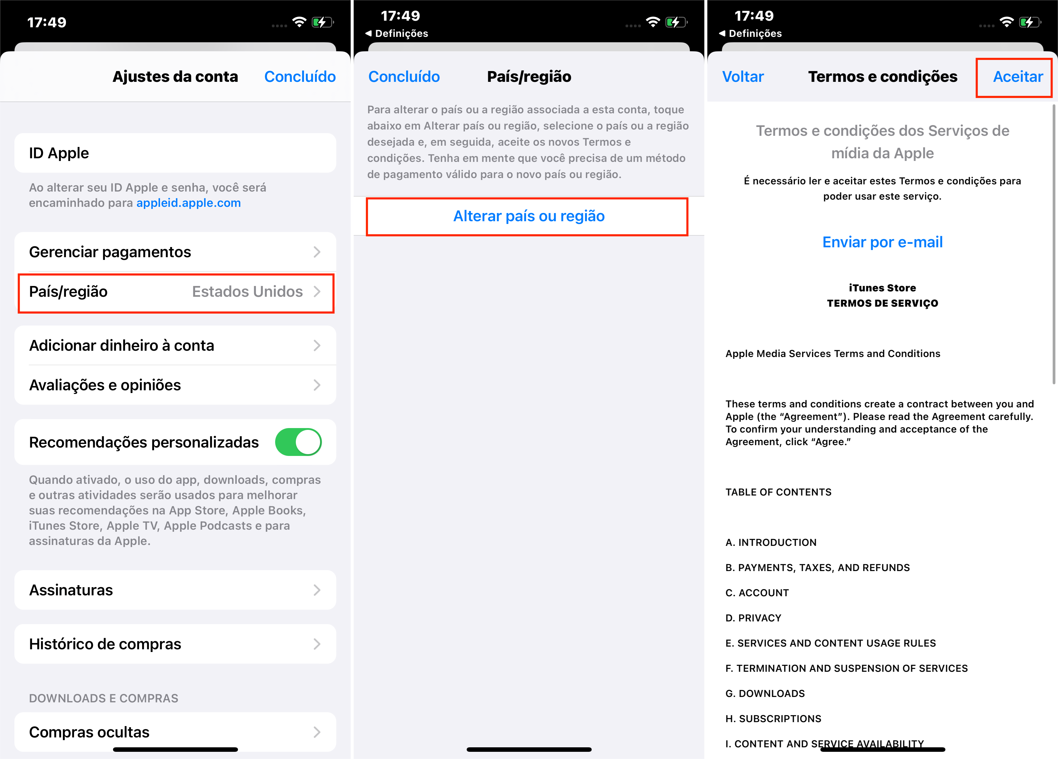Alterar País Ou Região Do ID Apple Concordar Com Os Termos E Condições