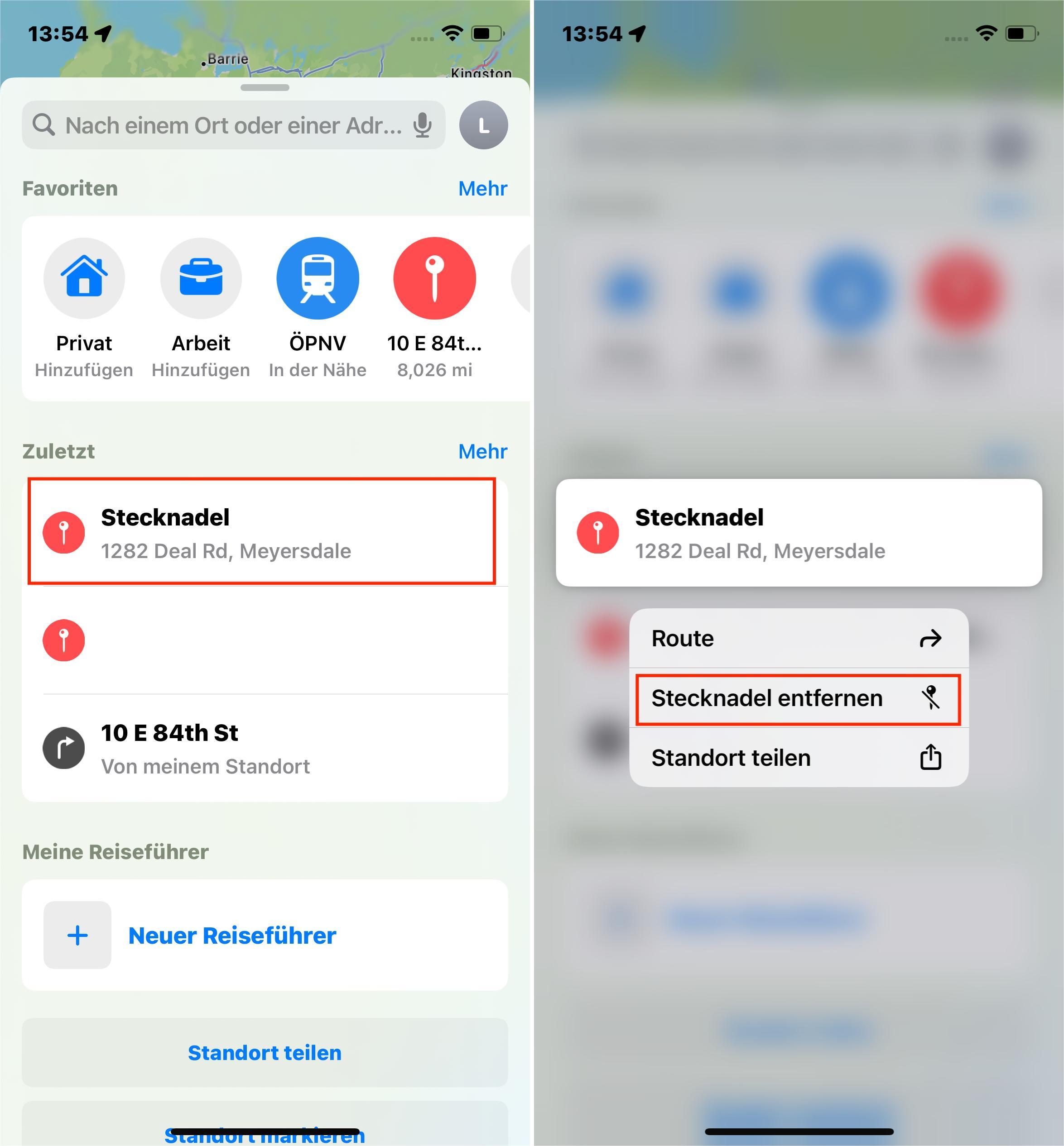 iOS17-Apple Maps-Recents-Remove Gelöschter Pin