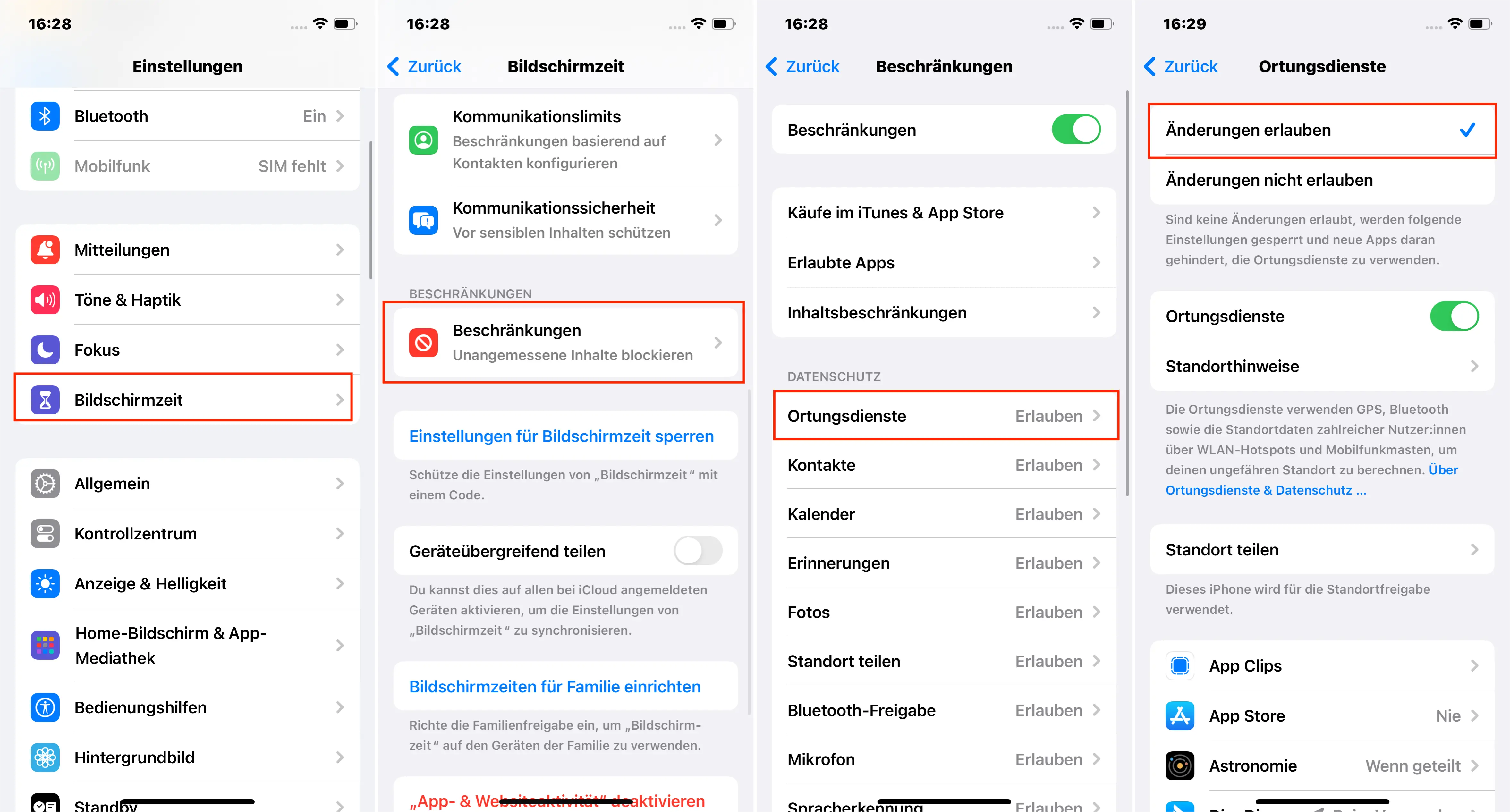 Schritte zum Zulassen von Änderungen für Ortungsdienste auf dem iPhone