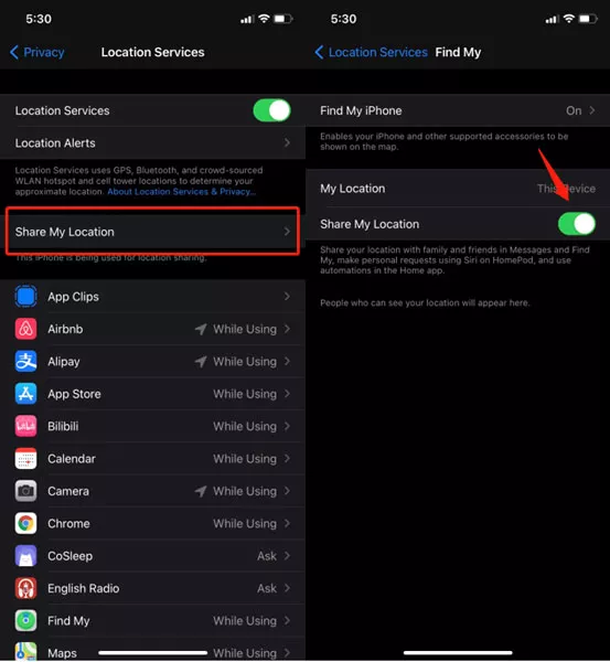 Switch off location sharing services for Find My iPhone.