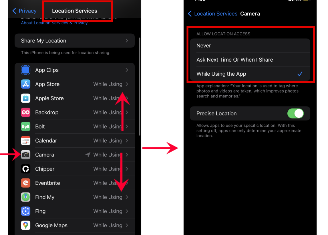 Turn On The Location Services For Your Camera