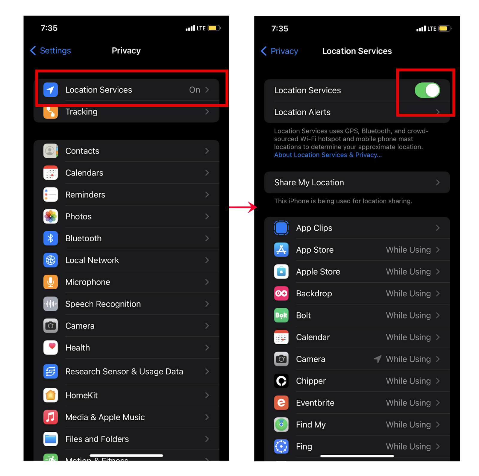 Toggle the Location Services slider