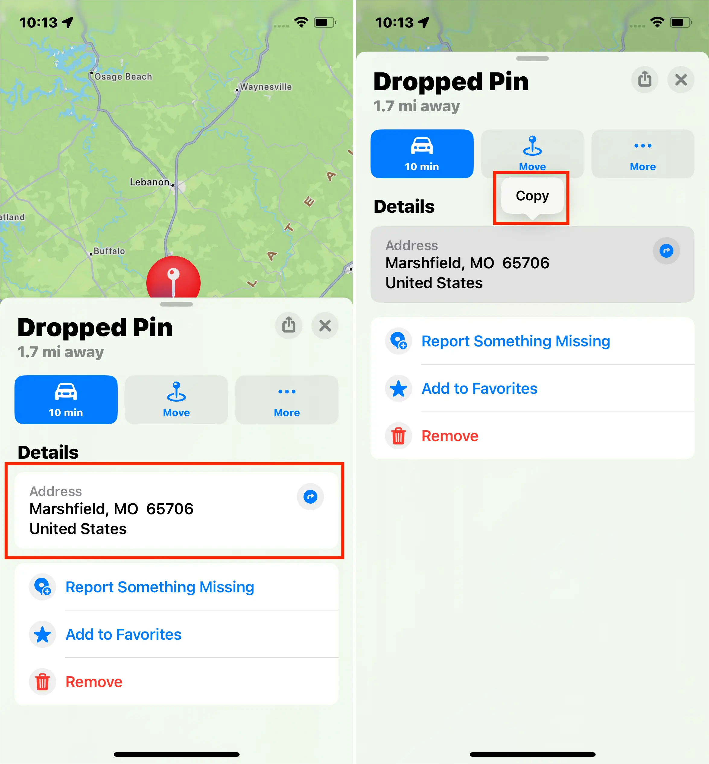 ios 17copy Dropped Pin Address