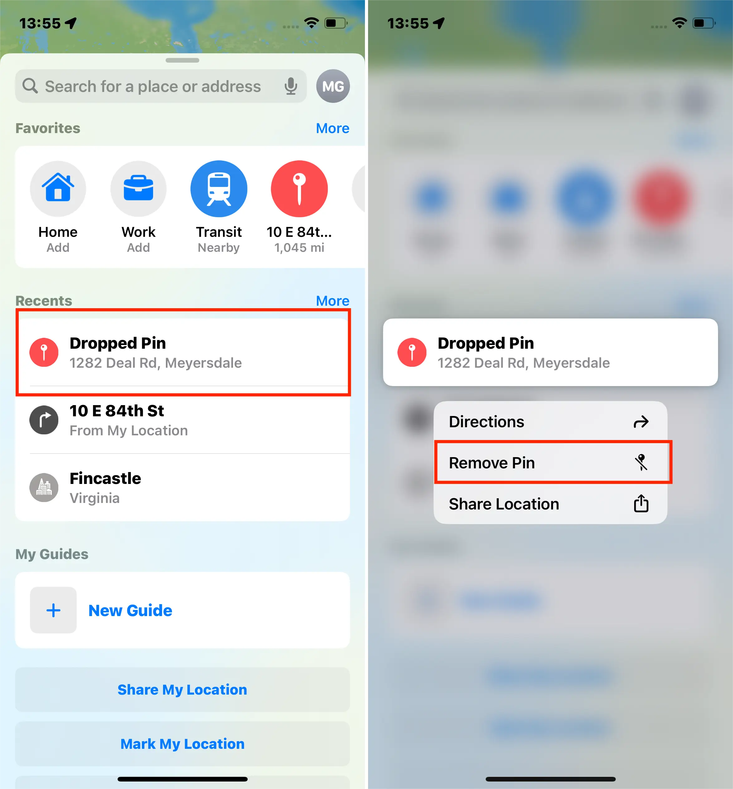 Ios17 Apple Maps Recents Remove Dropped Pin