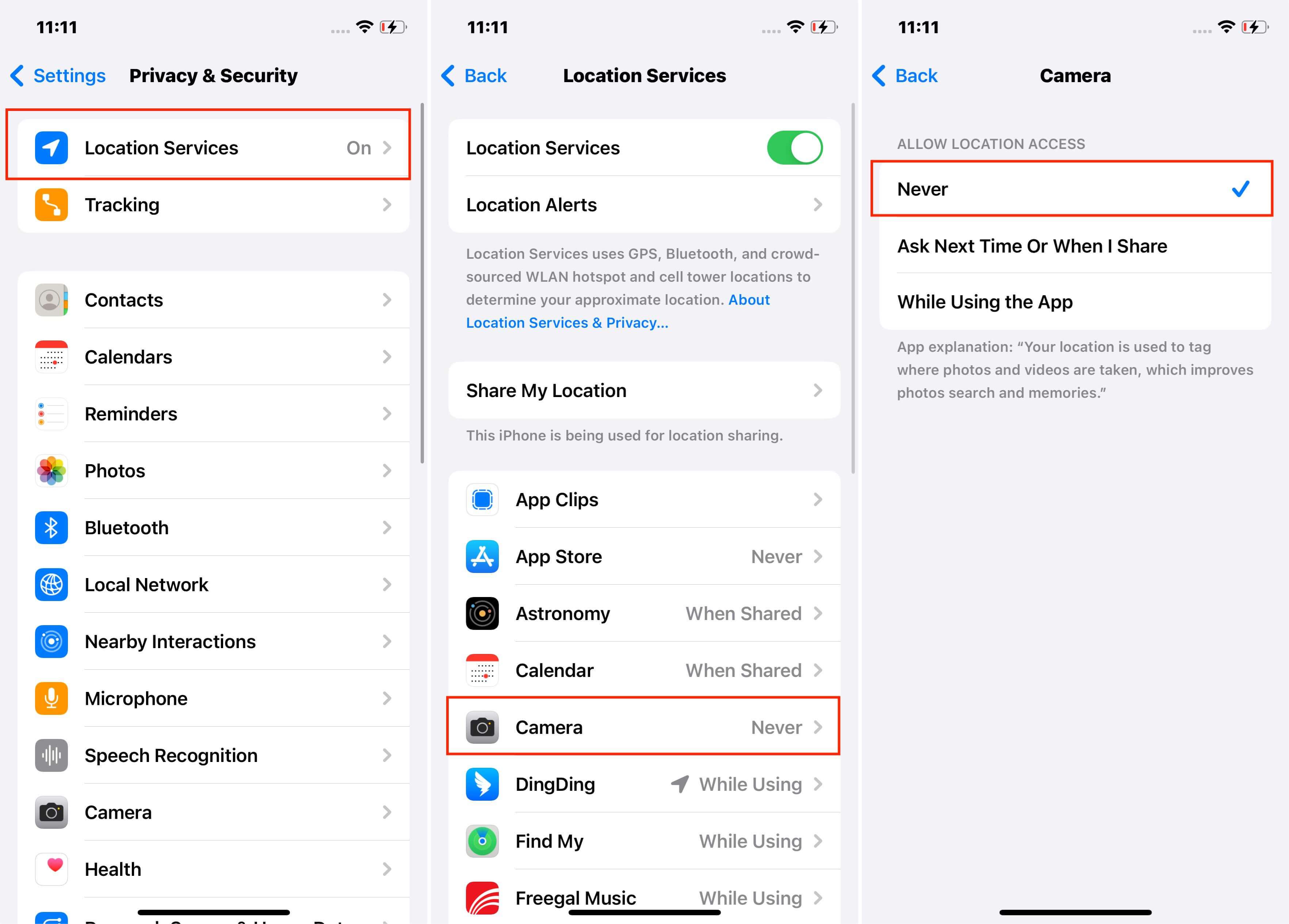 iPhone Locations Services Steps to Location Access for Camera Never Selected