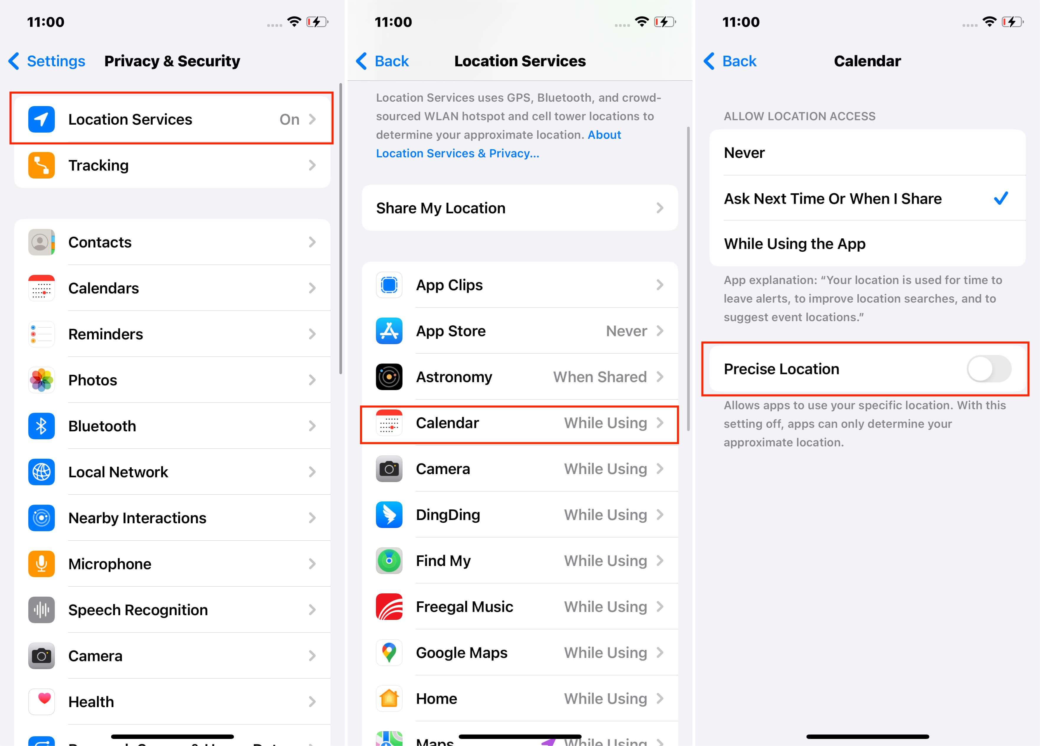 Steps to Turn off Precise Location on iPhone Settings for Calendar