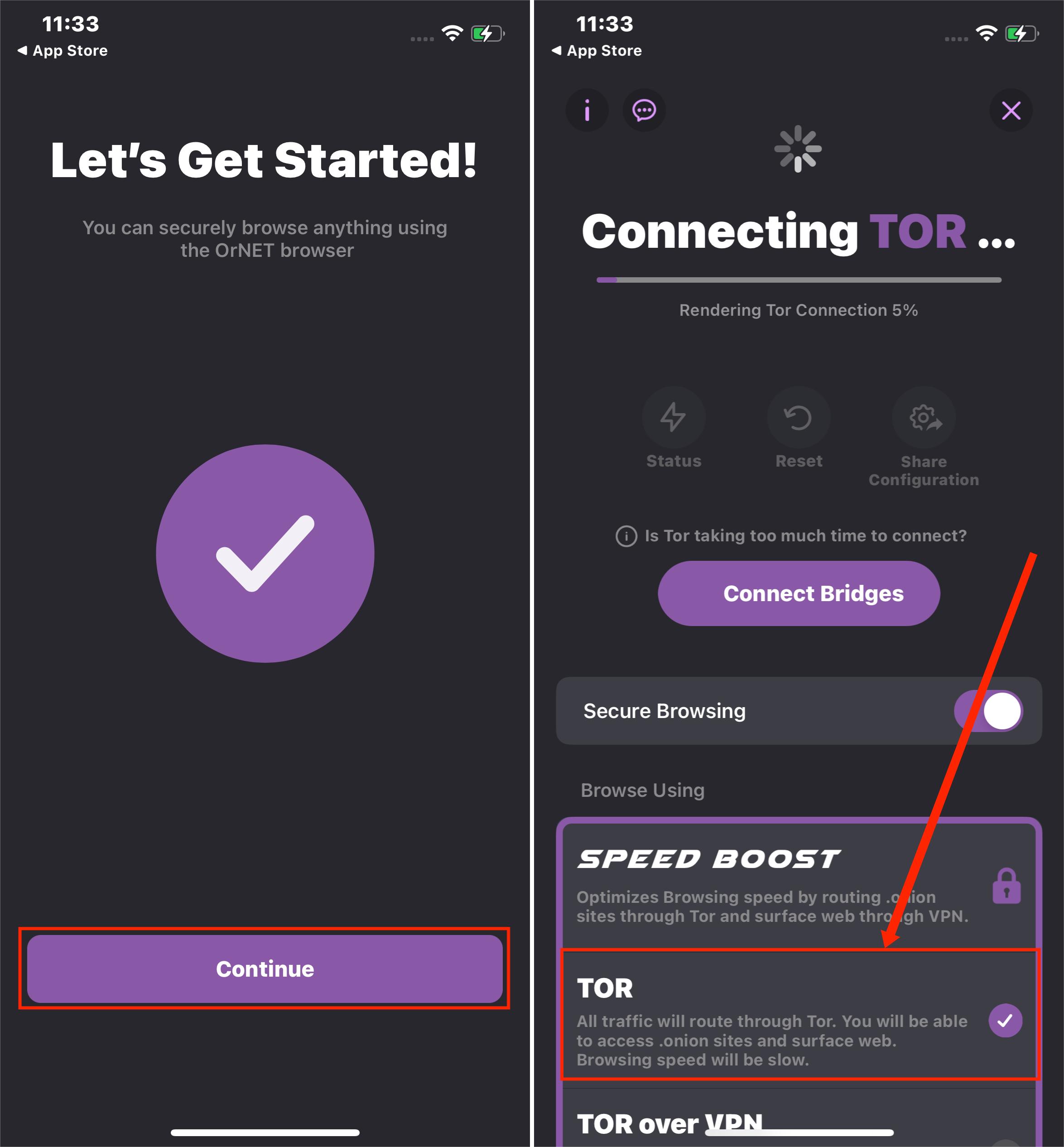 TOR App Get Started and Connecting