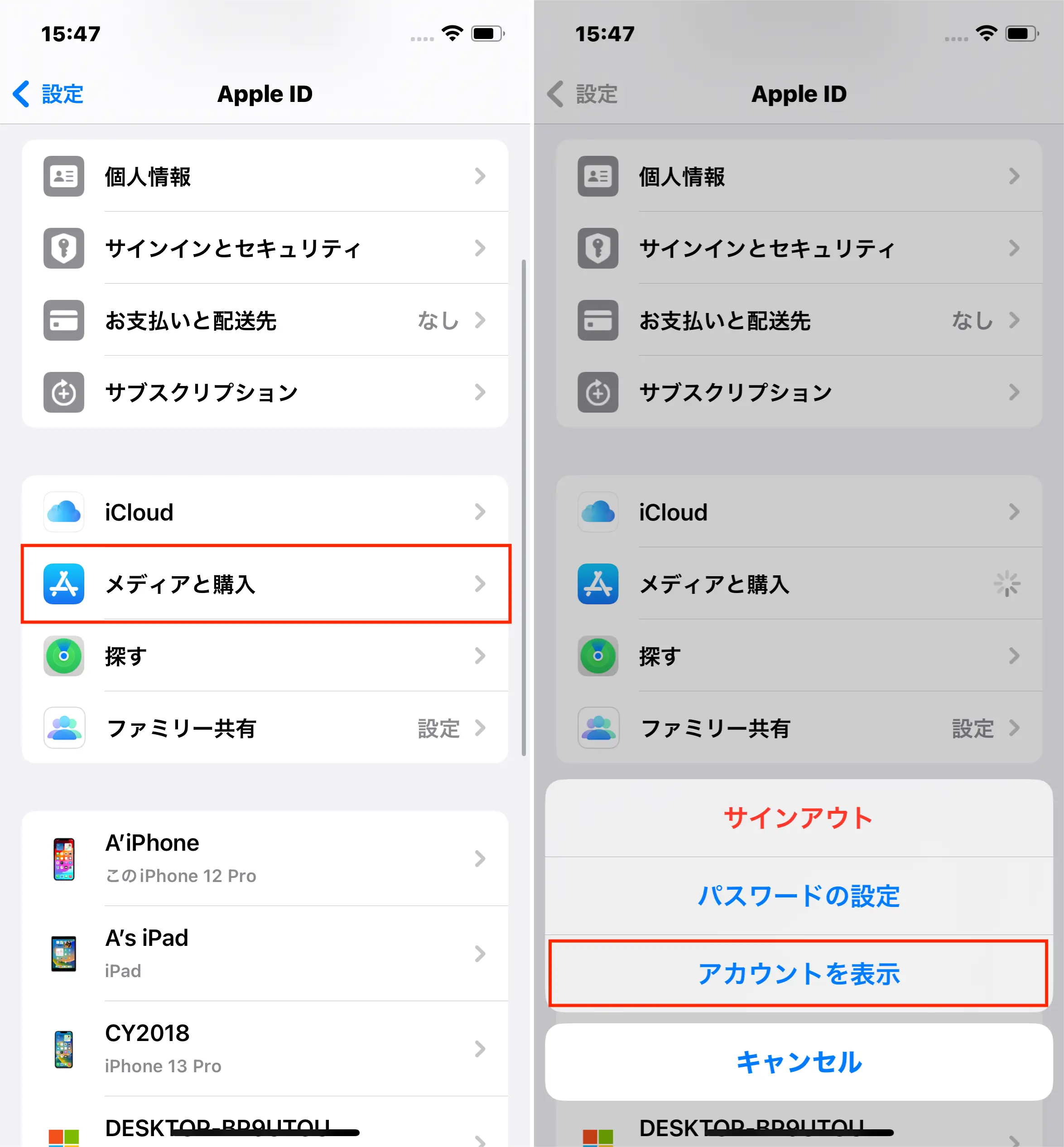 iPhone の設定からメディアと購入アカウントを表示する手順