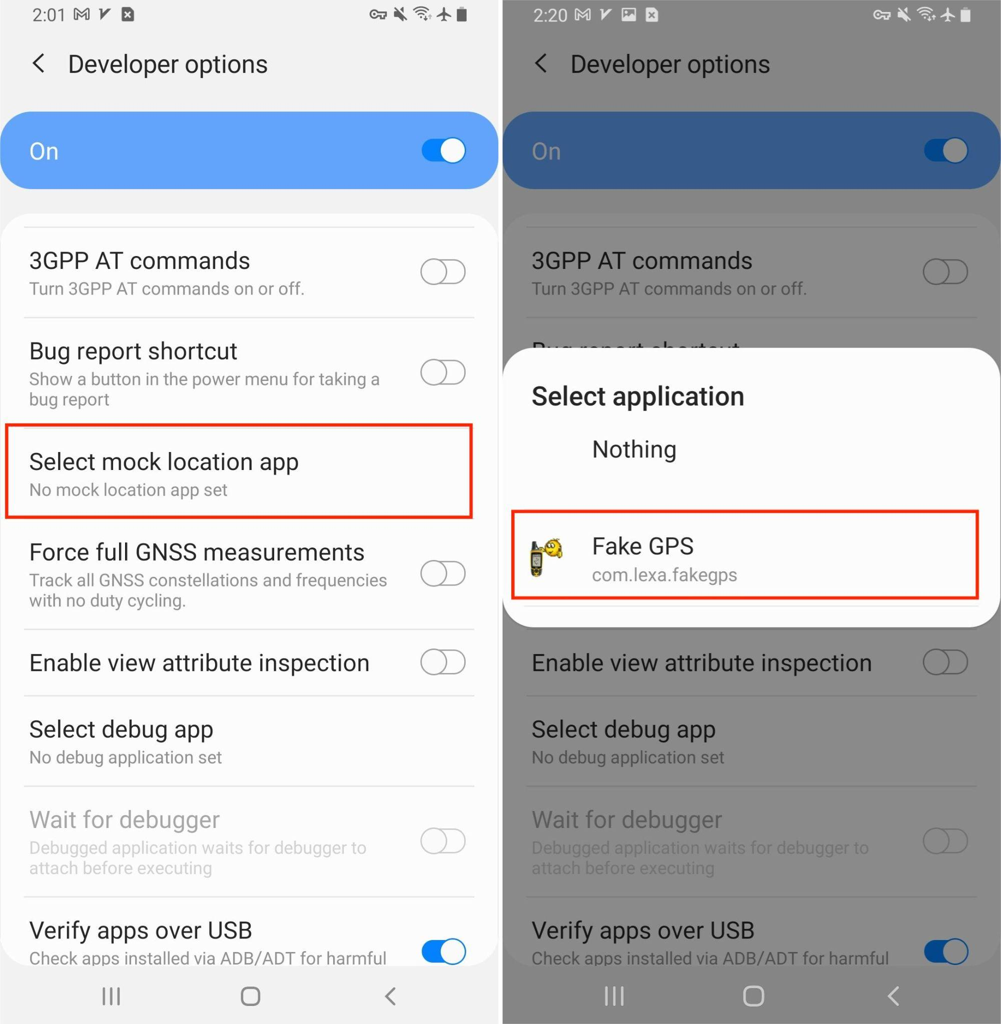 Android Developer Options Fake GPS