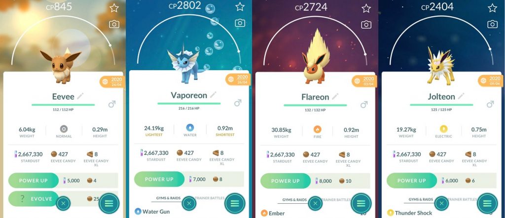 Flareon, Jolteon y Vaporeon