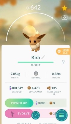 Namakan Eevee sebagai Kira di Pokémon Go